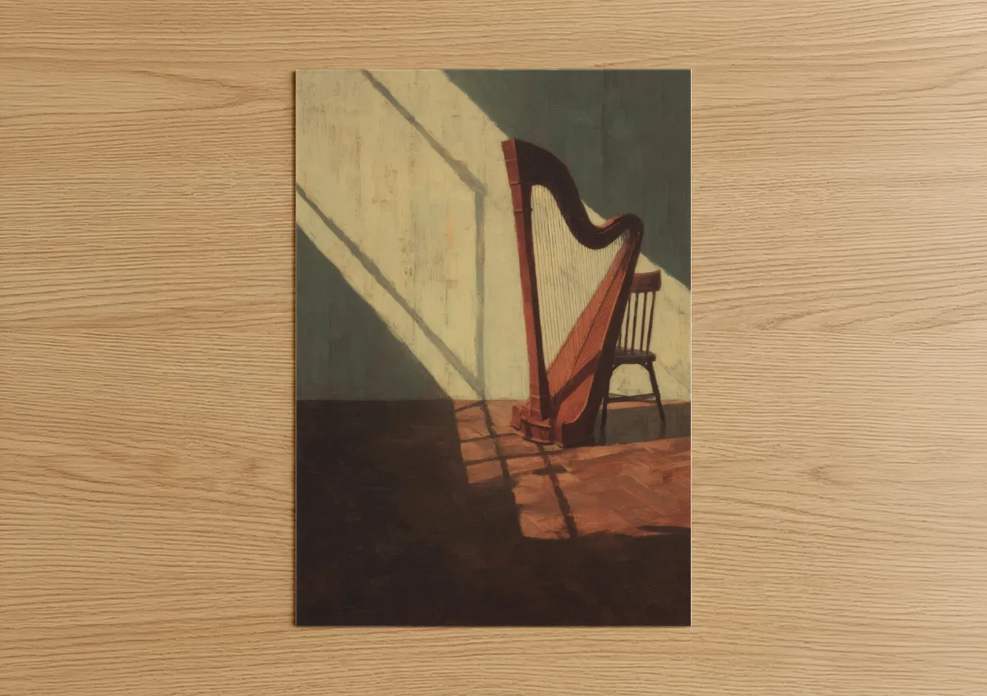 Art print on warm oak wood — cream and russet palette — Sunlit Harp poster