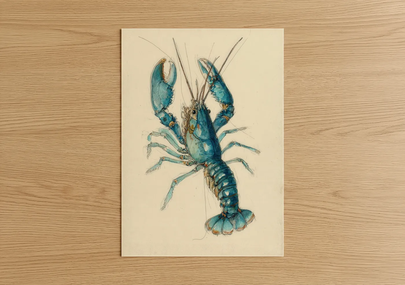 Blue Crayfish Detailed Watercolor Illustration Wall Art