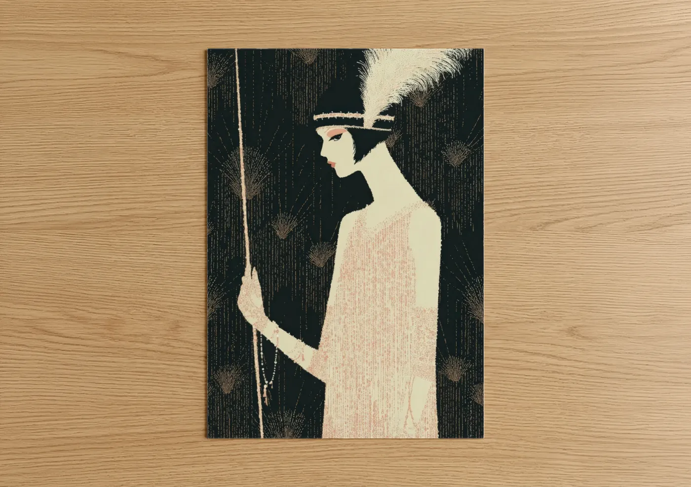 Vintage fashion art print on warm oak wood — black and gold and peach palette — Art Deco Elegance poster