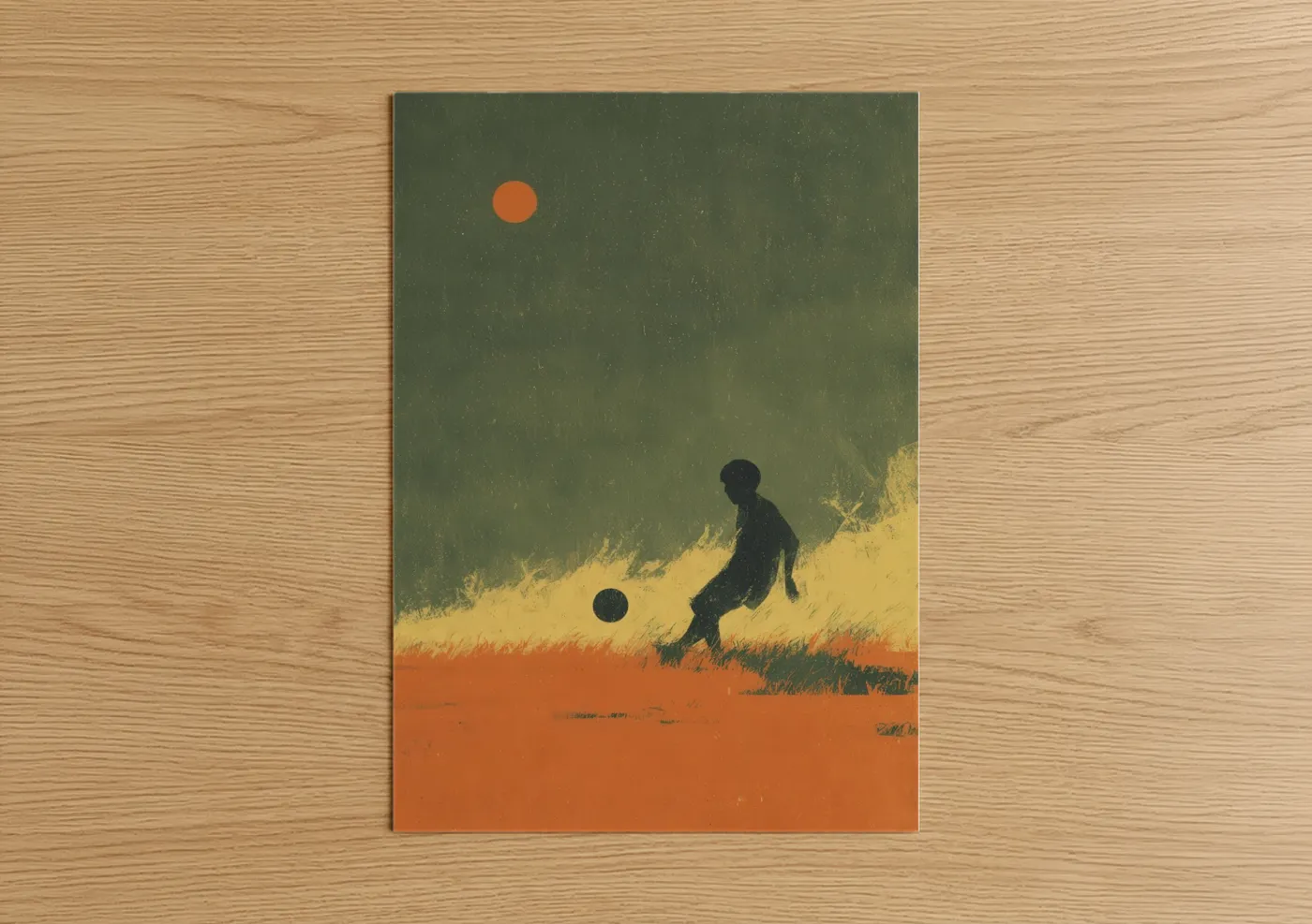 Soccer art print on warm oak wood — orange and green palette — Desert Footballer poster
