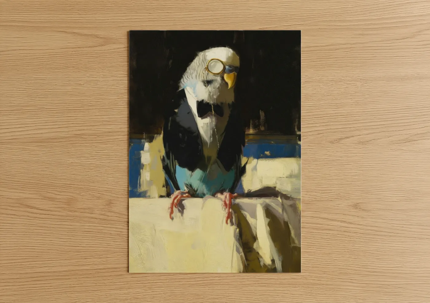 Budgeridar art print on warm oak wood — black and gold and blue and yellow palette — Scholarly Budgie poster