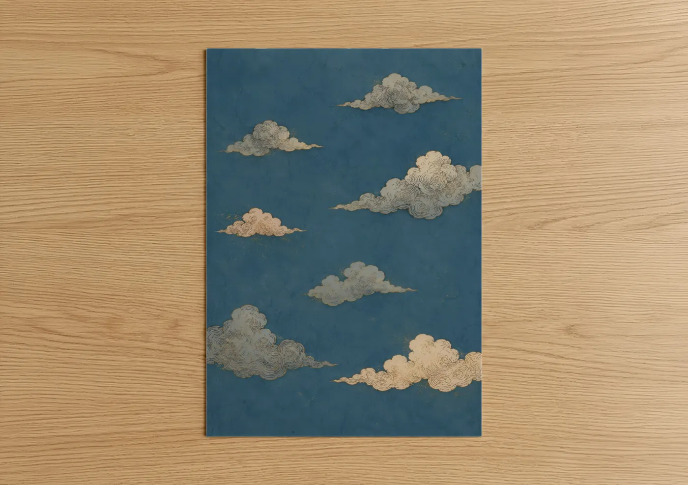 Art print on warm oak wood — blue and cream palette — Japanese Cloud Sky Wall Art poster