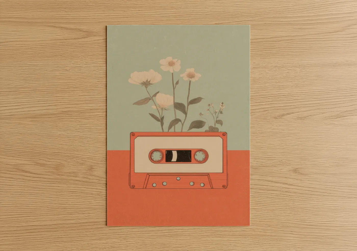 Casette art print on warm oak wood — peach and orange palette — Retro Cassette Bloom poster