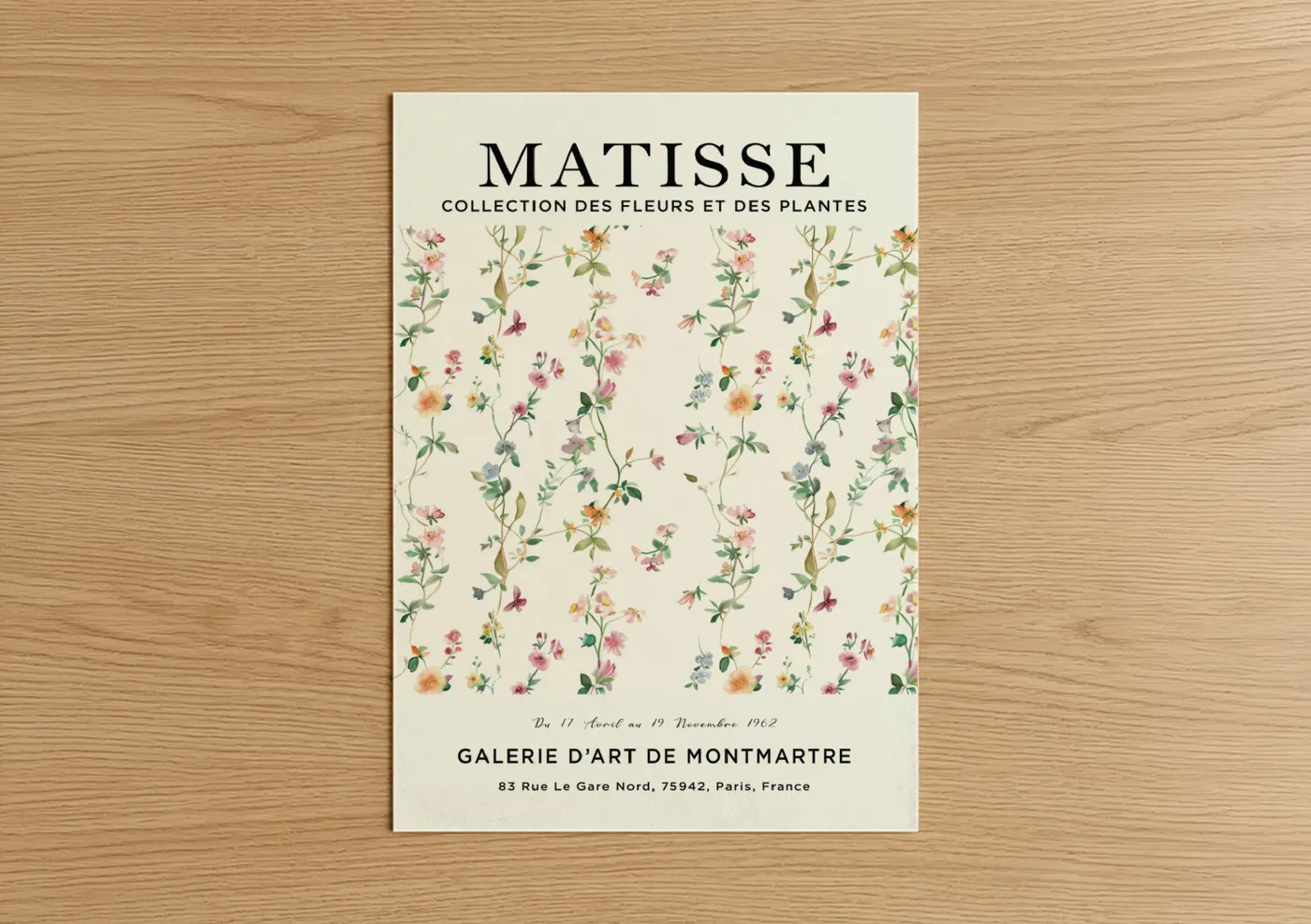 Abstract flower art print on warm oak wood — cream and peach palette — Matisse Floral Collection poster