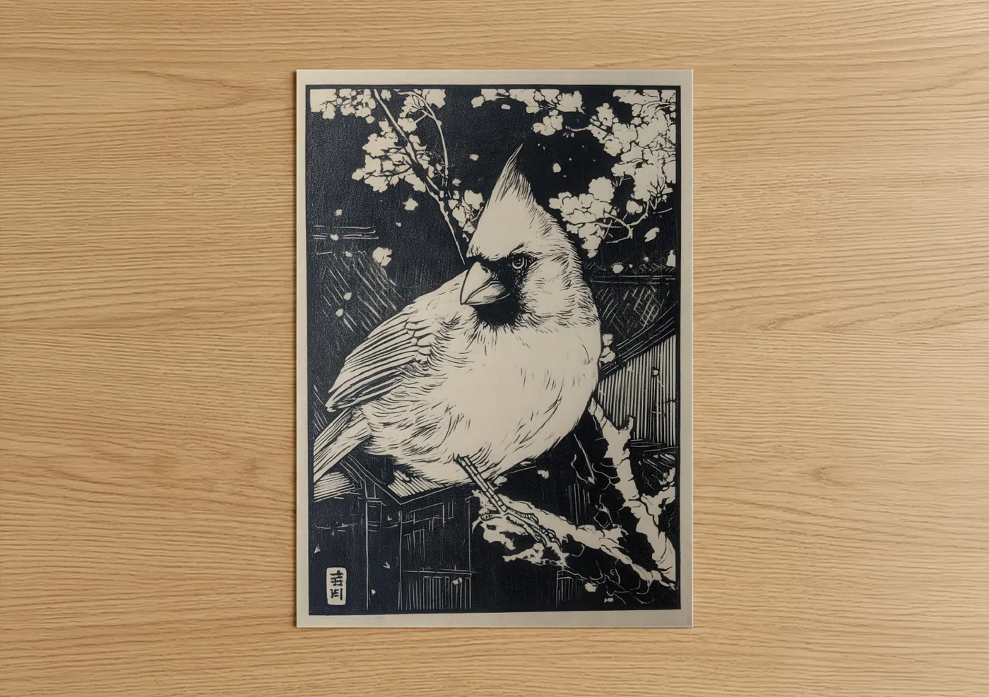 Art print on warm oak wood — black and white palette — Crested Cardinal poster