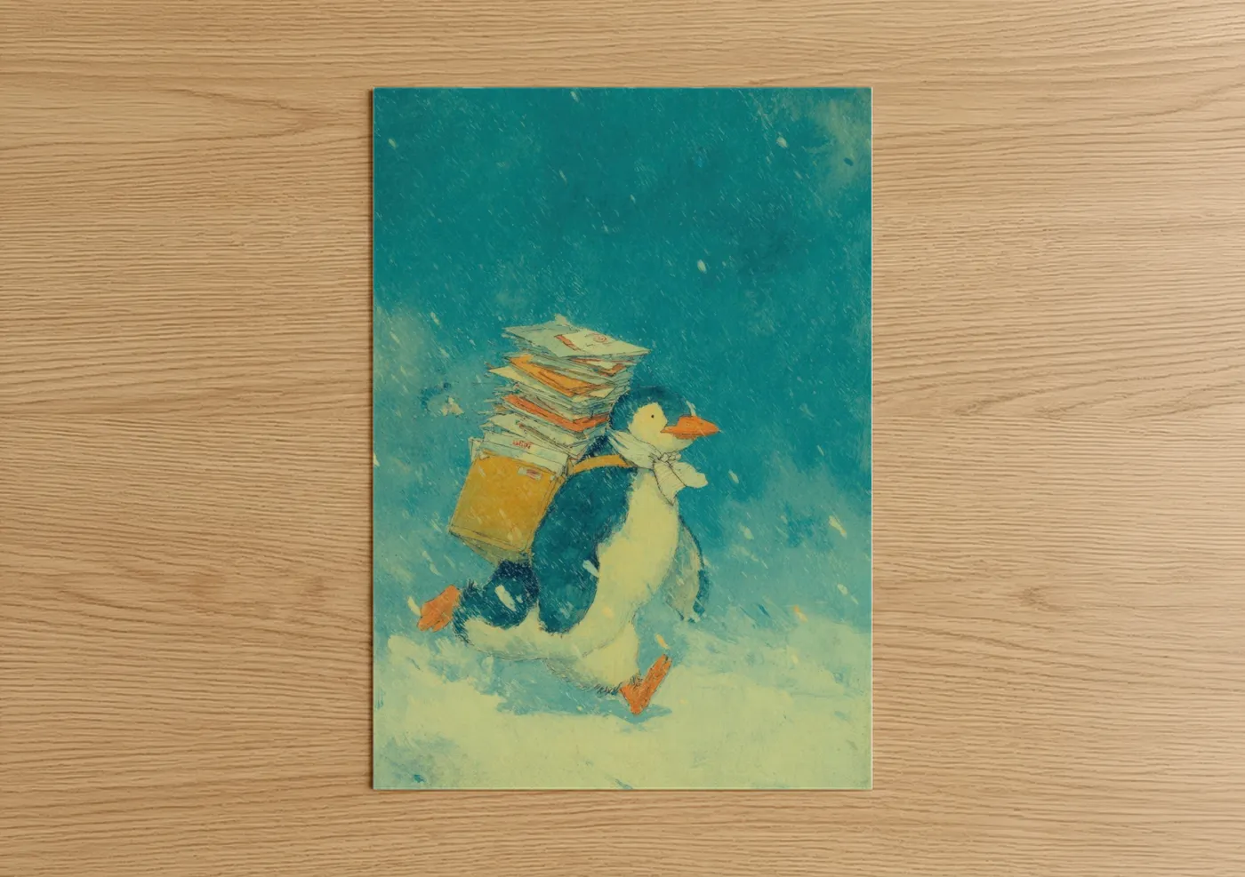 Art print on warm oak wood — teal and cream palette — Bookish Penguin poster