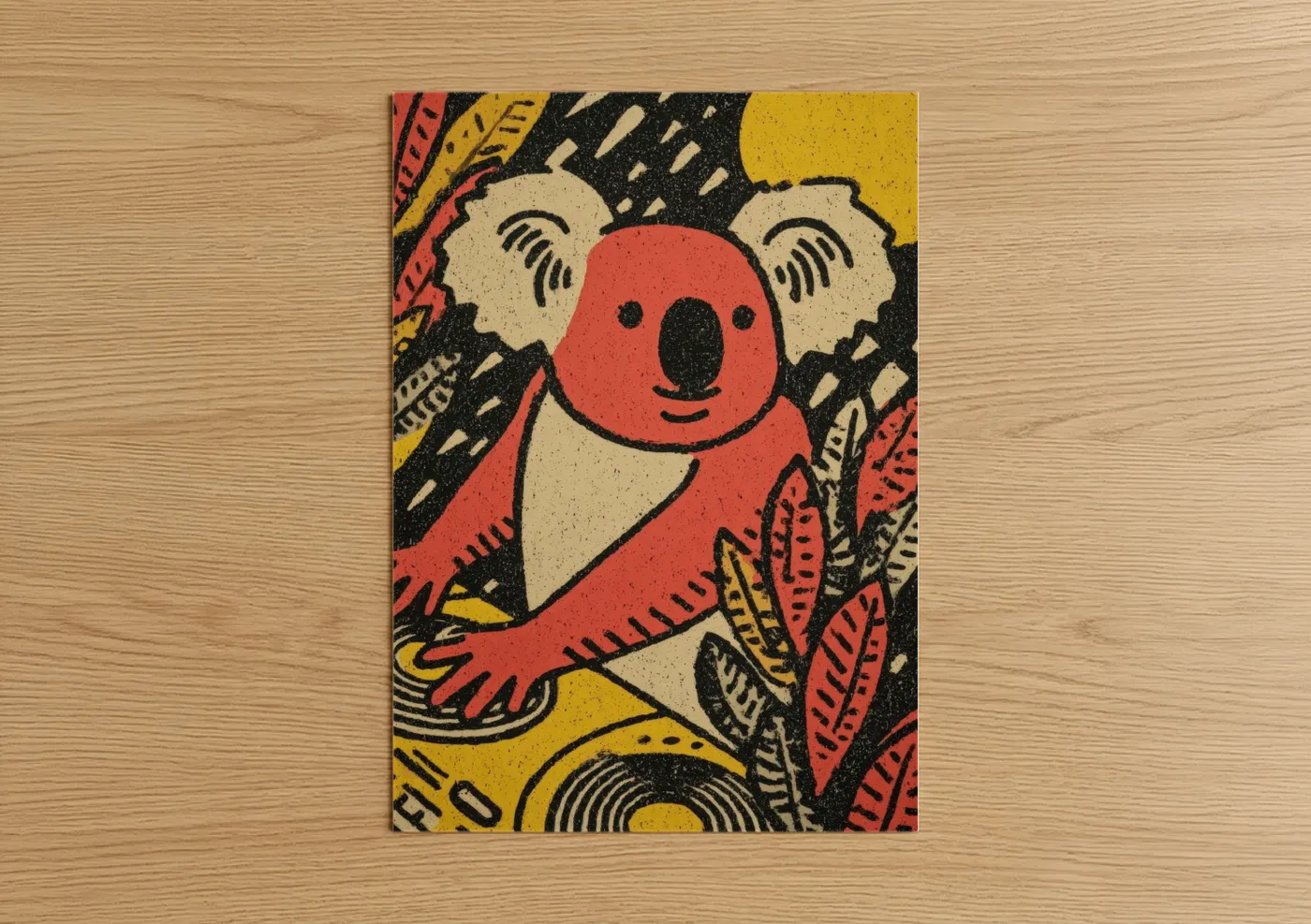 Red Koala with Autumn Leaves Illustration Wall Art