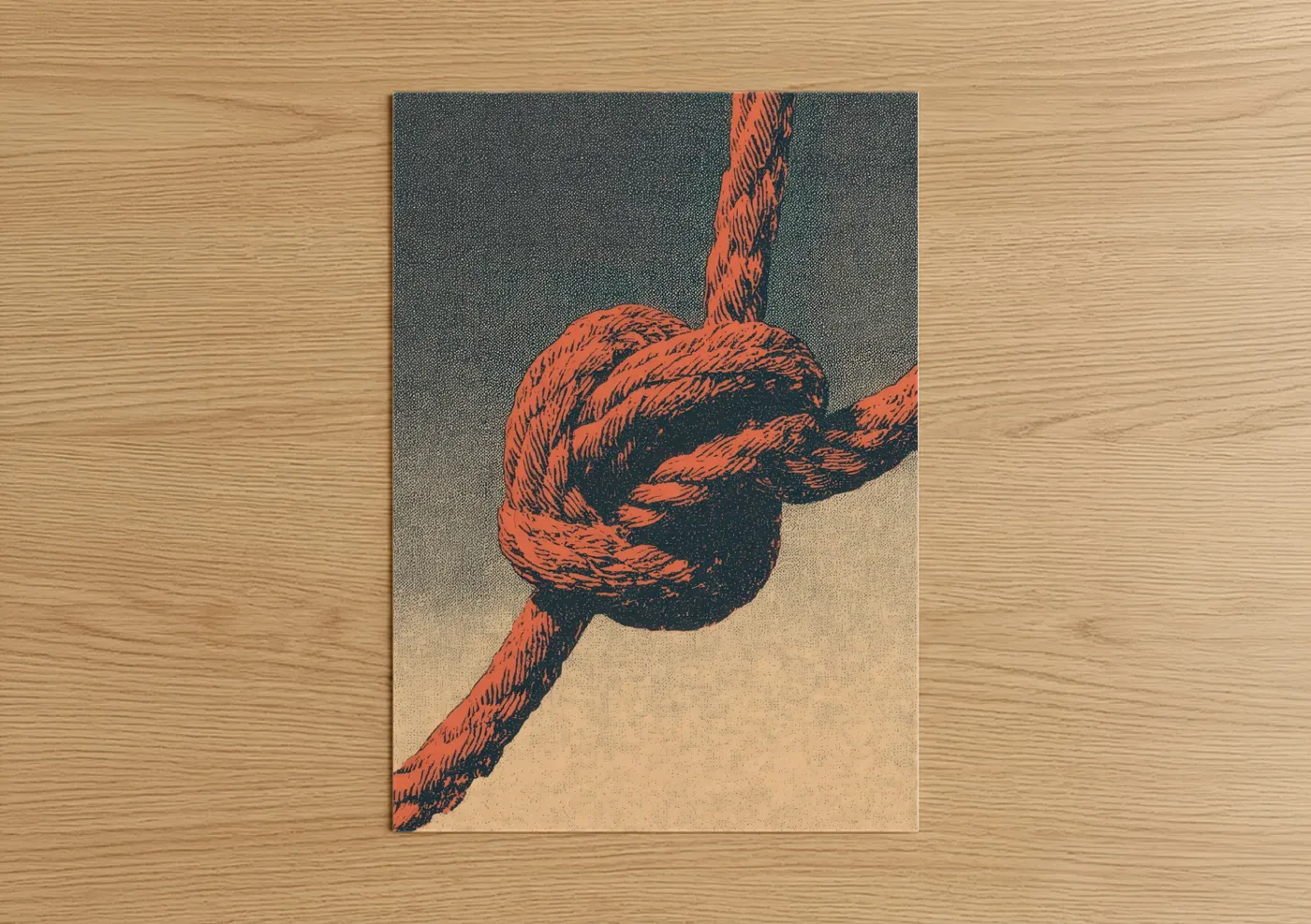 Rope knots art print on warm oak wood — orange and black palette — Nautical Knot Study poster