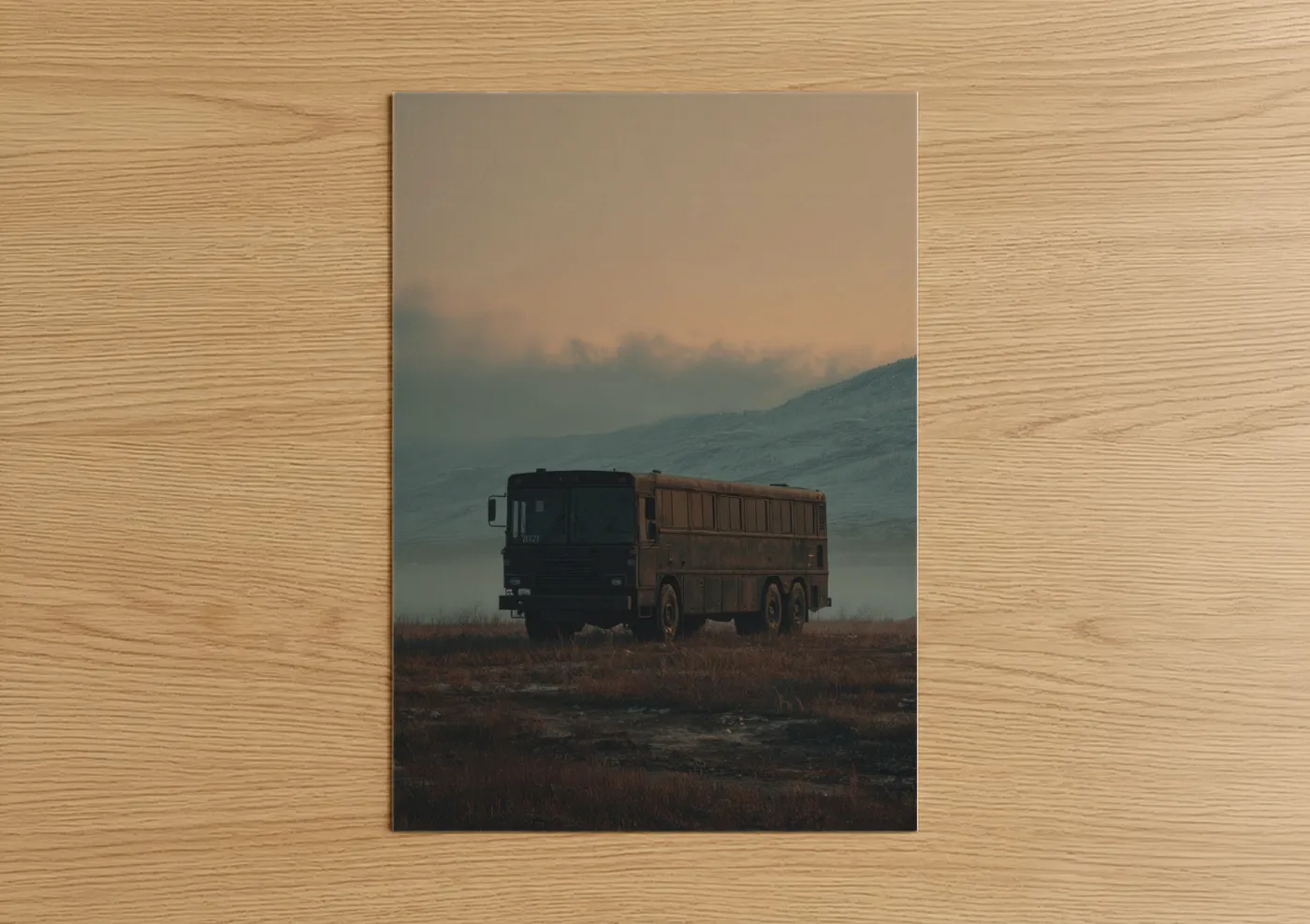 Bus art print on warm oak wood — russet and dove gray palette — Moody Industrial Truck poster