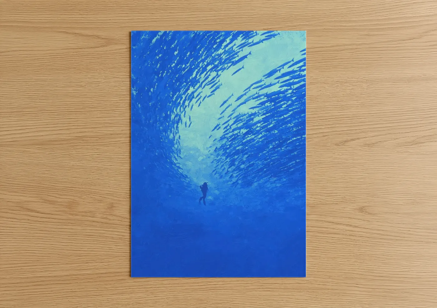 Diving art print on warm oak wood — blue and turquoise palette — Underwater Ascent poster