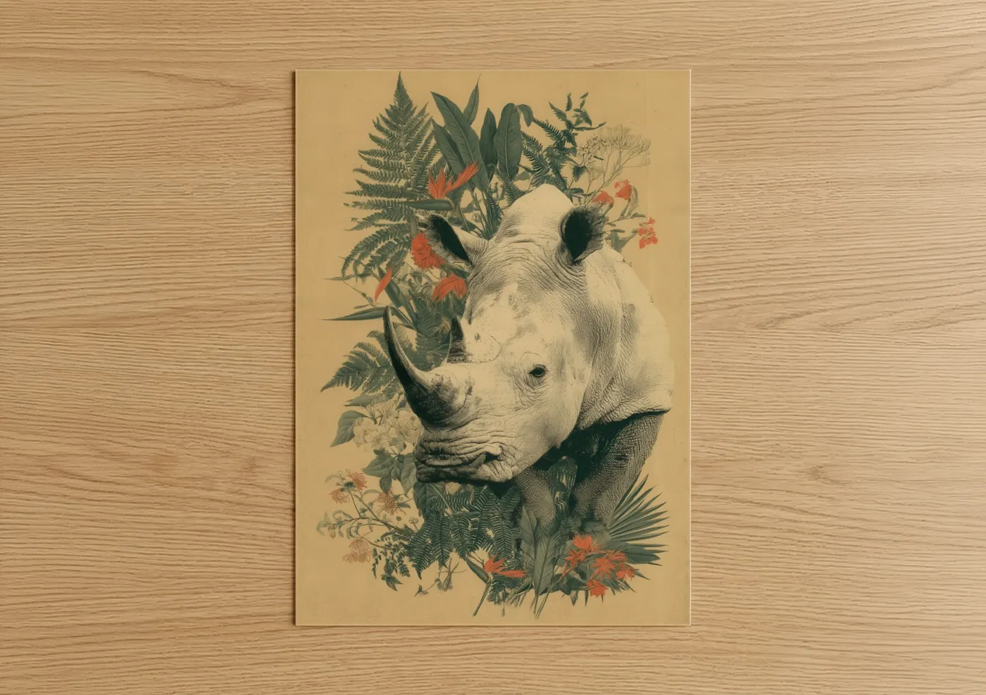 Art print on warm oak wood — cream and olive palette — Botanical Rhino poster