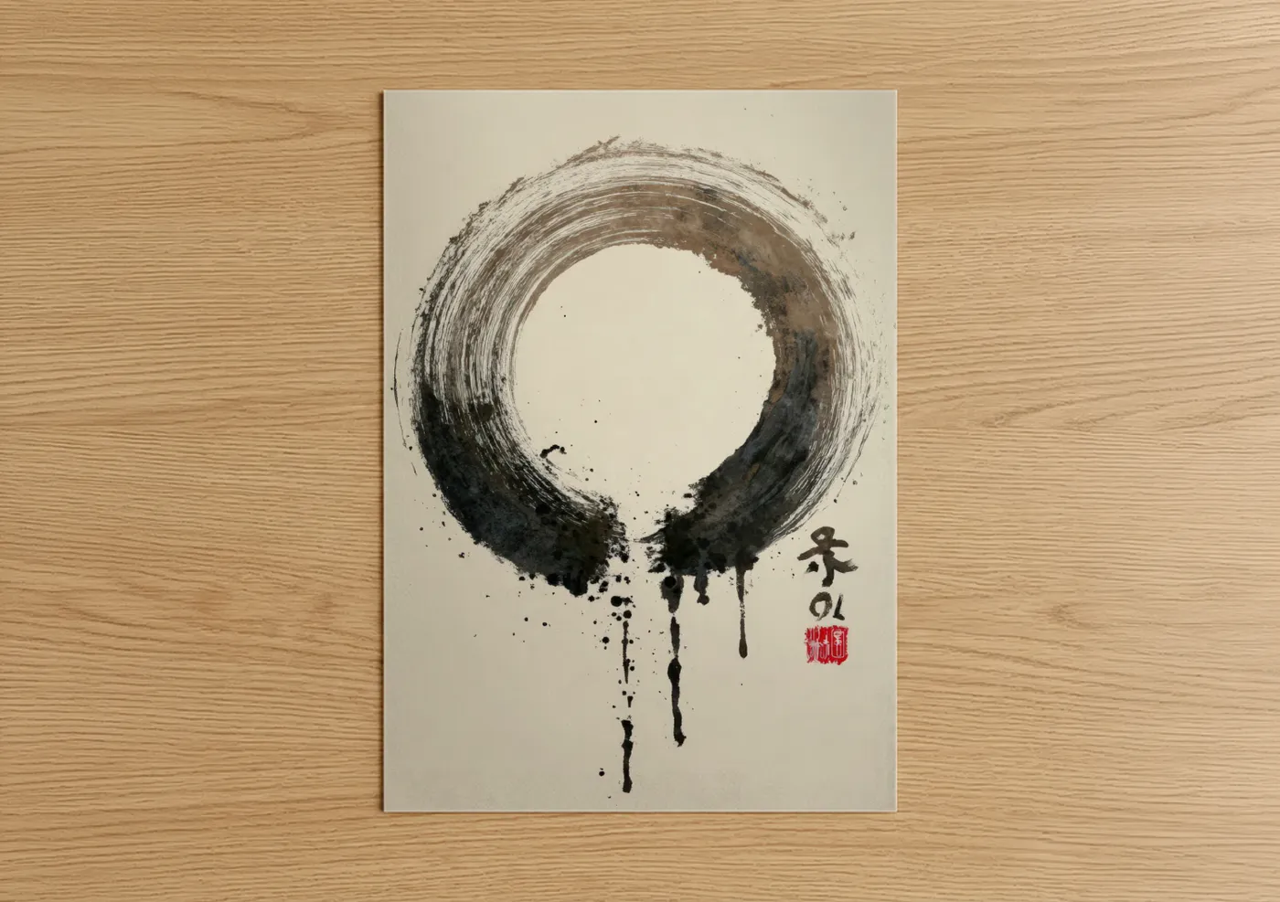 Abstract minimalist art print on warm oak wood — black and white and cream palette — Zen Circle Drip poster