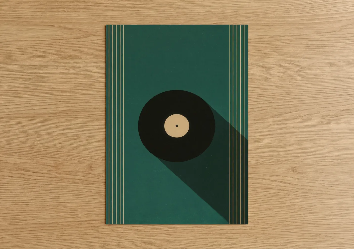 Vinyl records art print on warm oak wood — teal and gold palette — Retro Vinyl Record poster
