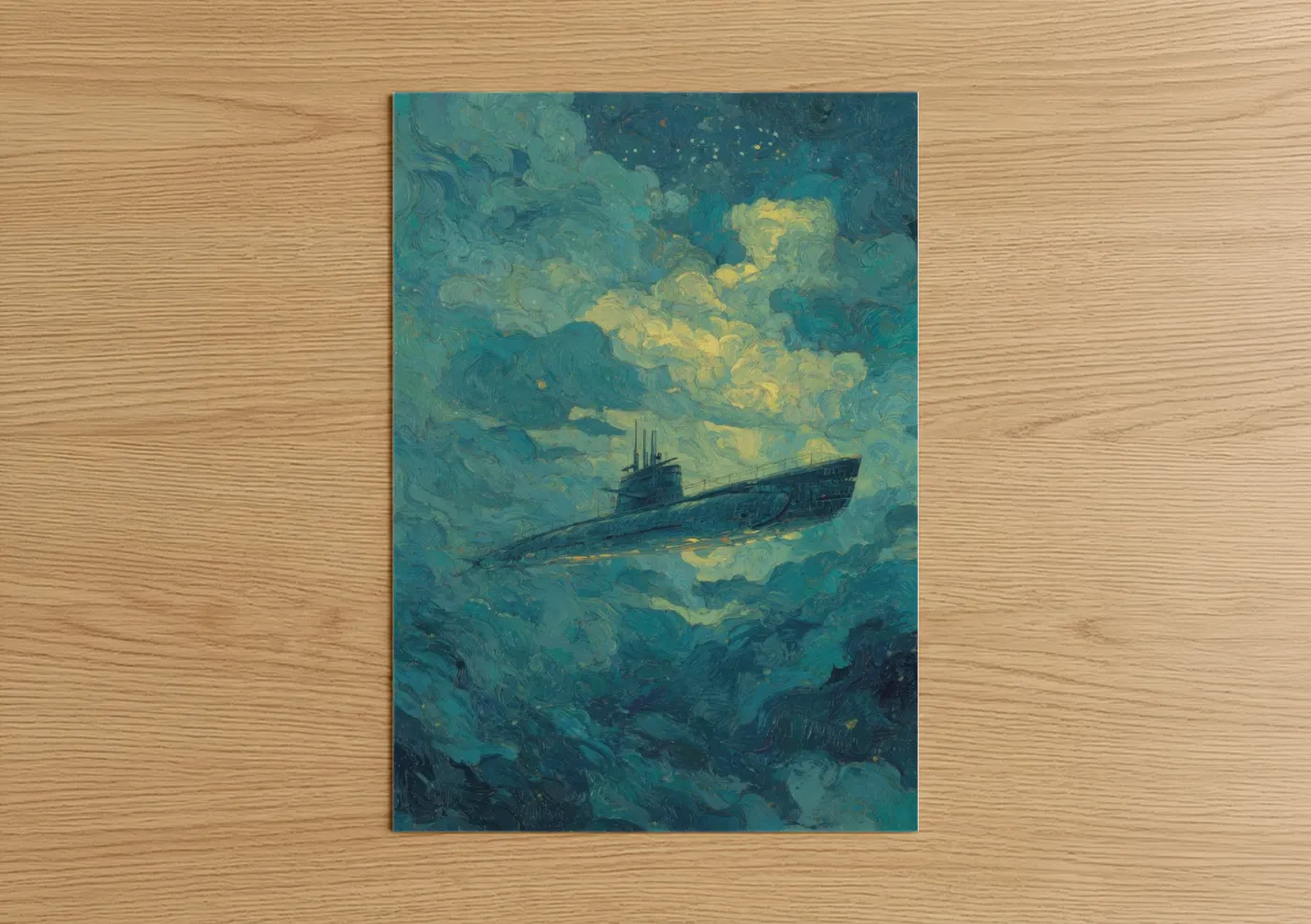 Art print on warm oak wood — teal and gold palette — Abyssal Submarine poster