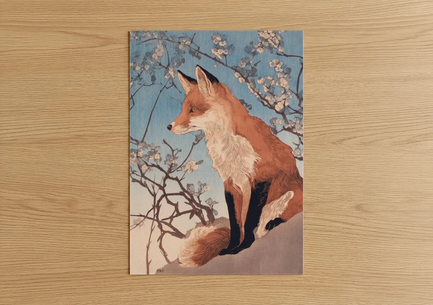 Fox with Cherry Blossoms Art Print Wall Art