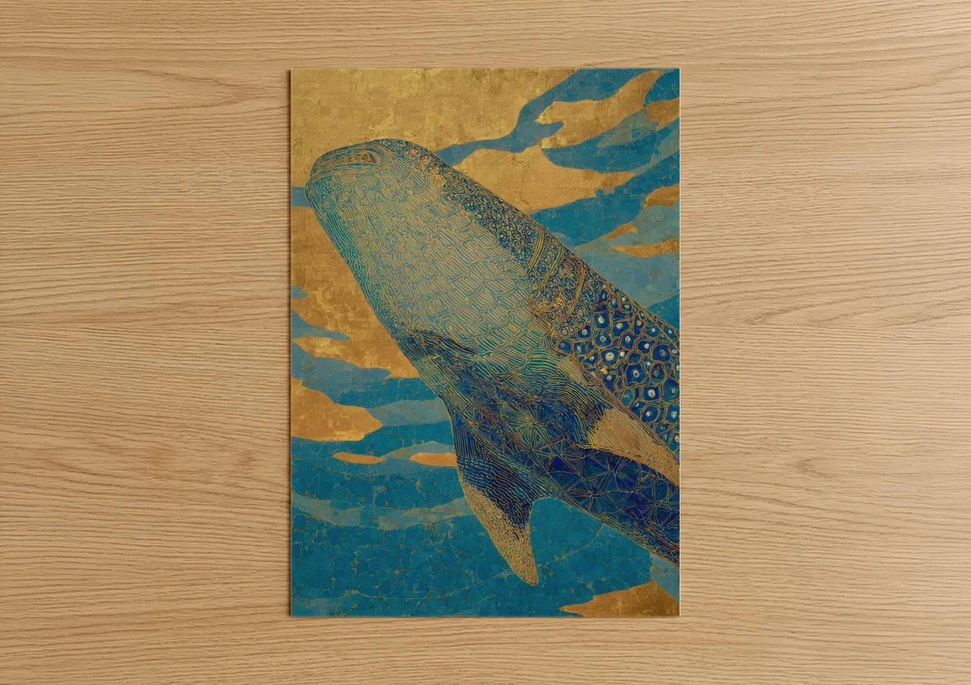 Art print on warm oak wood — gold and teal palette — Golden Whale Shark poster
