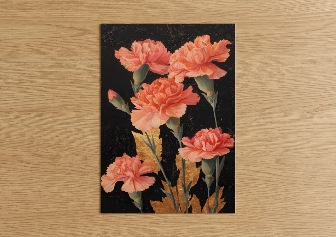 Coral Carnation Flowers Gold Leaf Wall Art