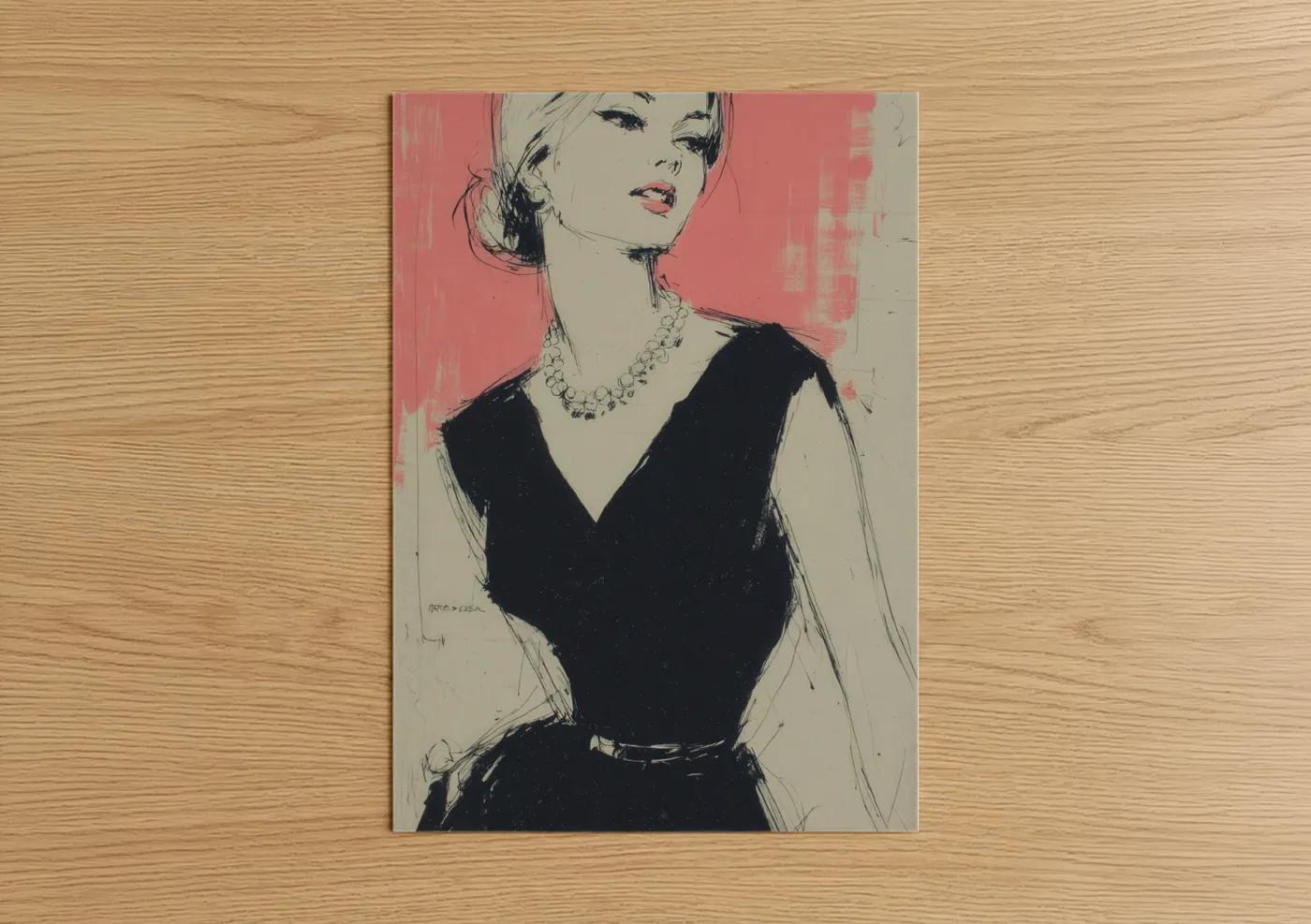 Fashion illustration art print on warm oak wood — salmon pink and black and white palette — Elegant Sophisticate poster