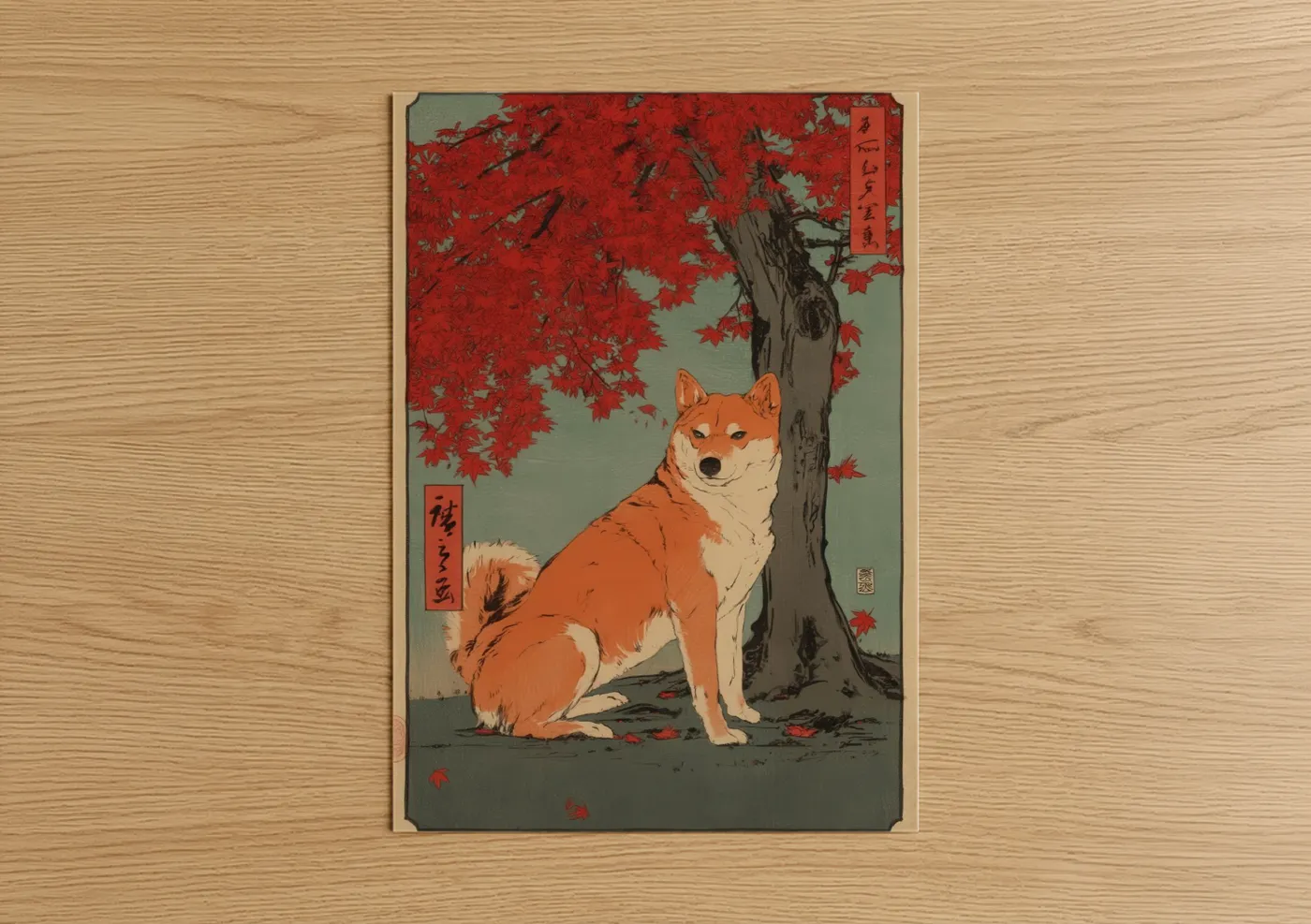 Art print on warm oak wood — red and sage green palette — Autumn Spitz poster
