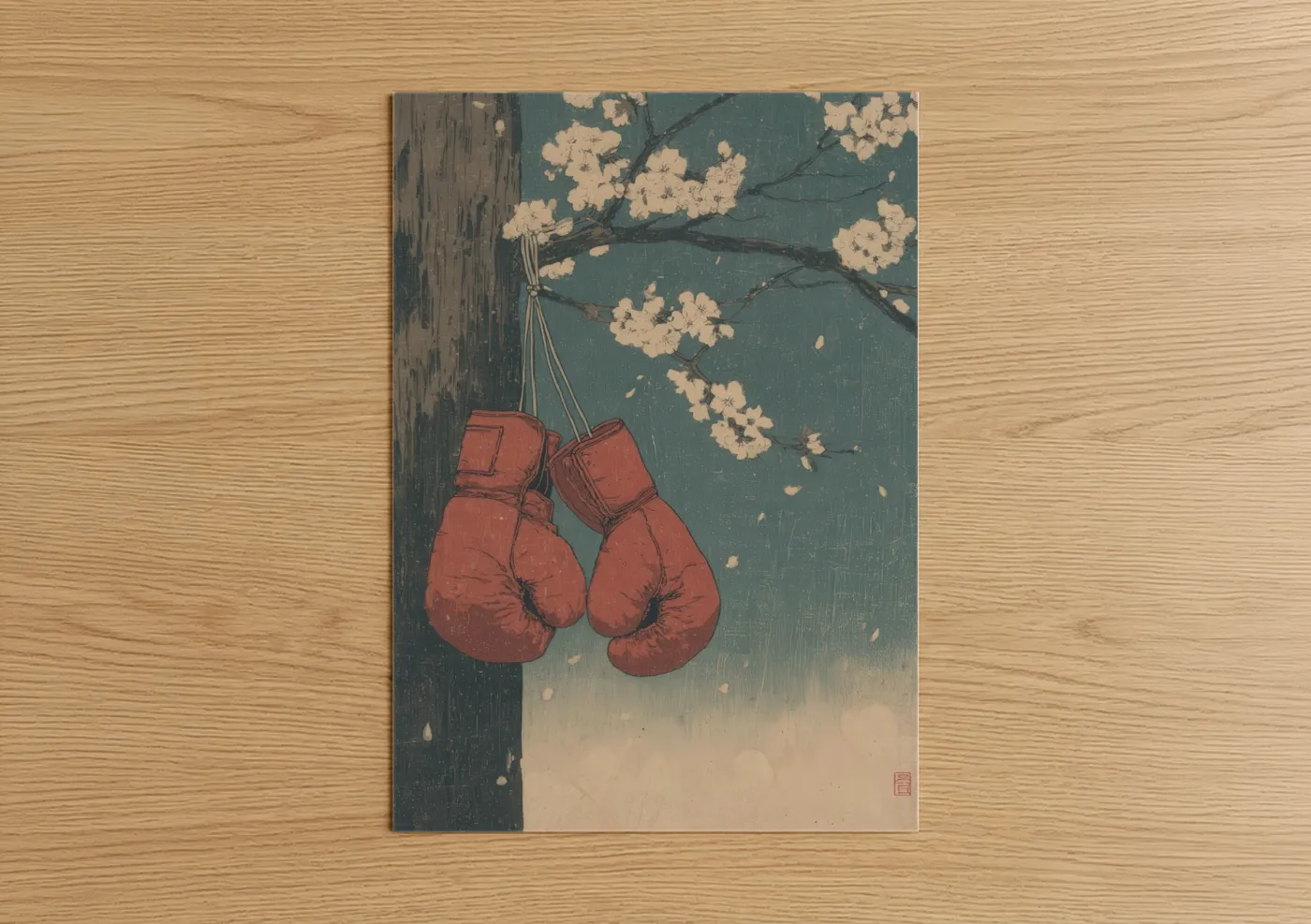 Art print on warm oak wood — teal and cream palette — Hanging Boxing Gloves poster