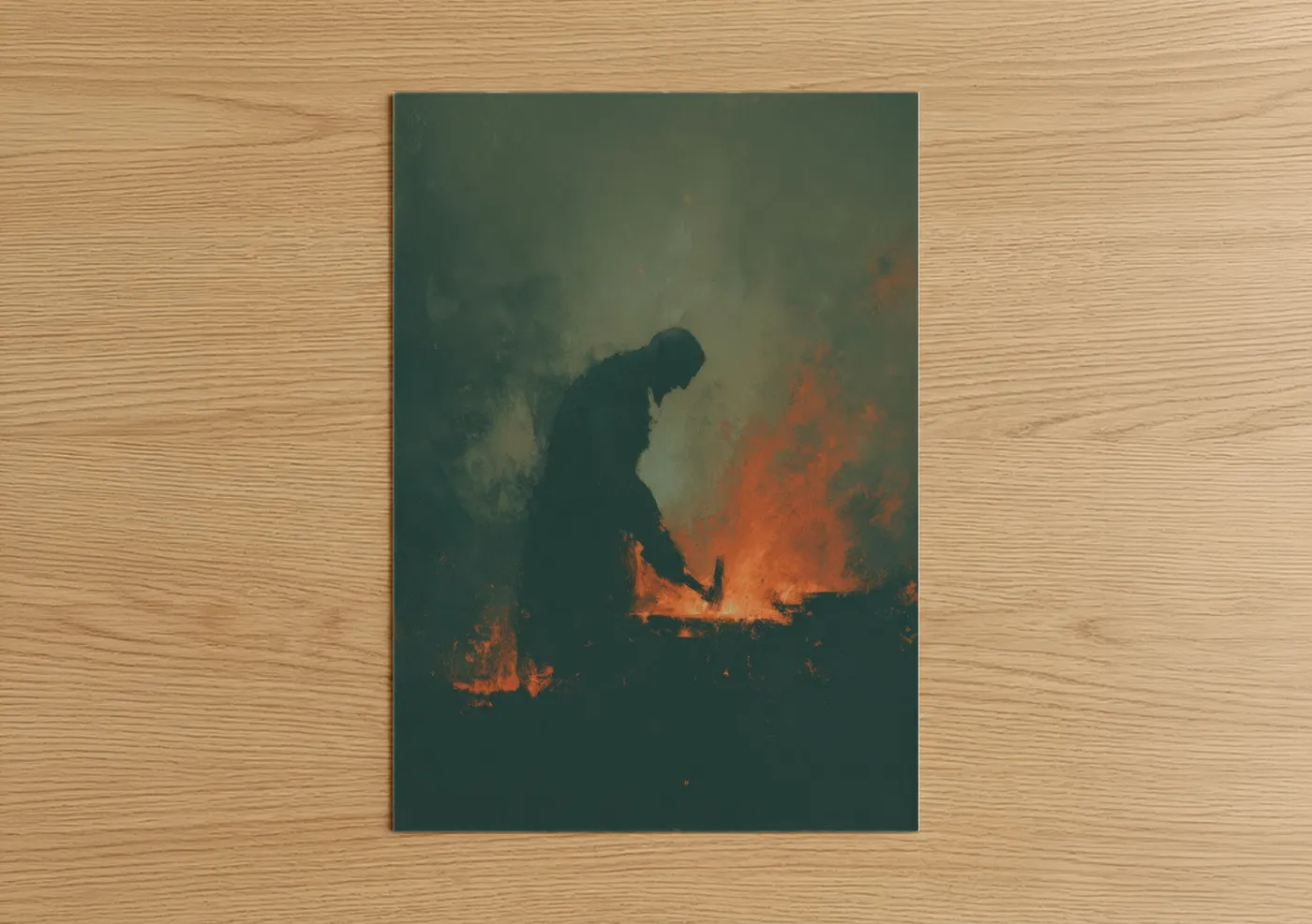 Art print on warm oak wood — dark green and orange palette — Fire Orc Warrior poster