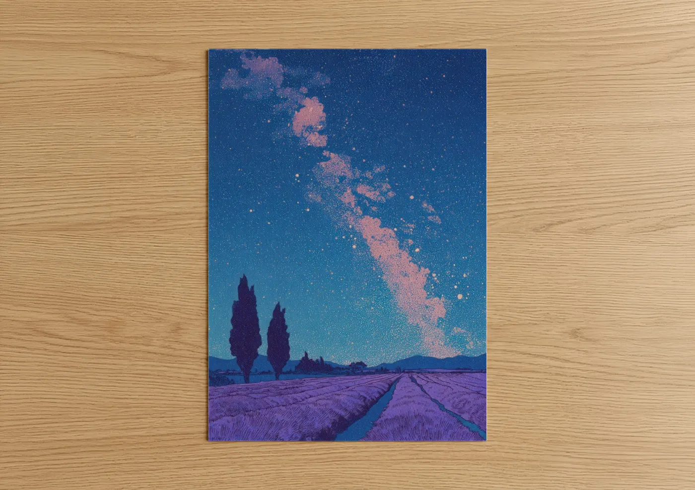 Art print on warm oak wood — royal blue and purple palette — Lavender Milky Way poster