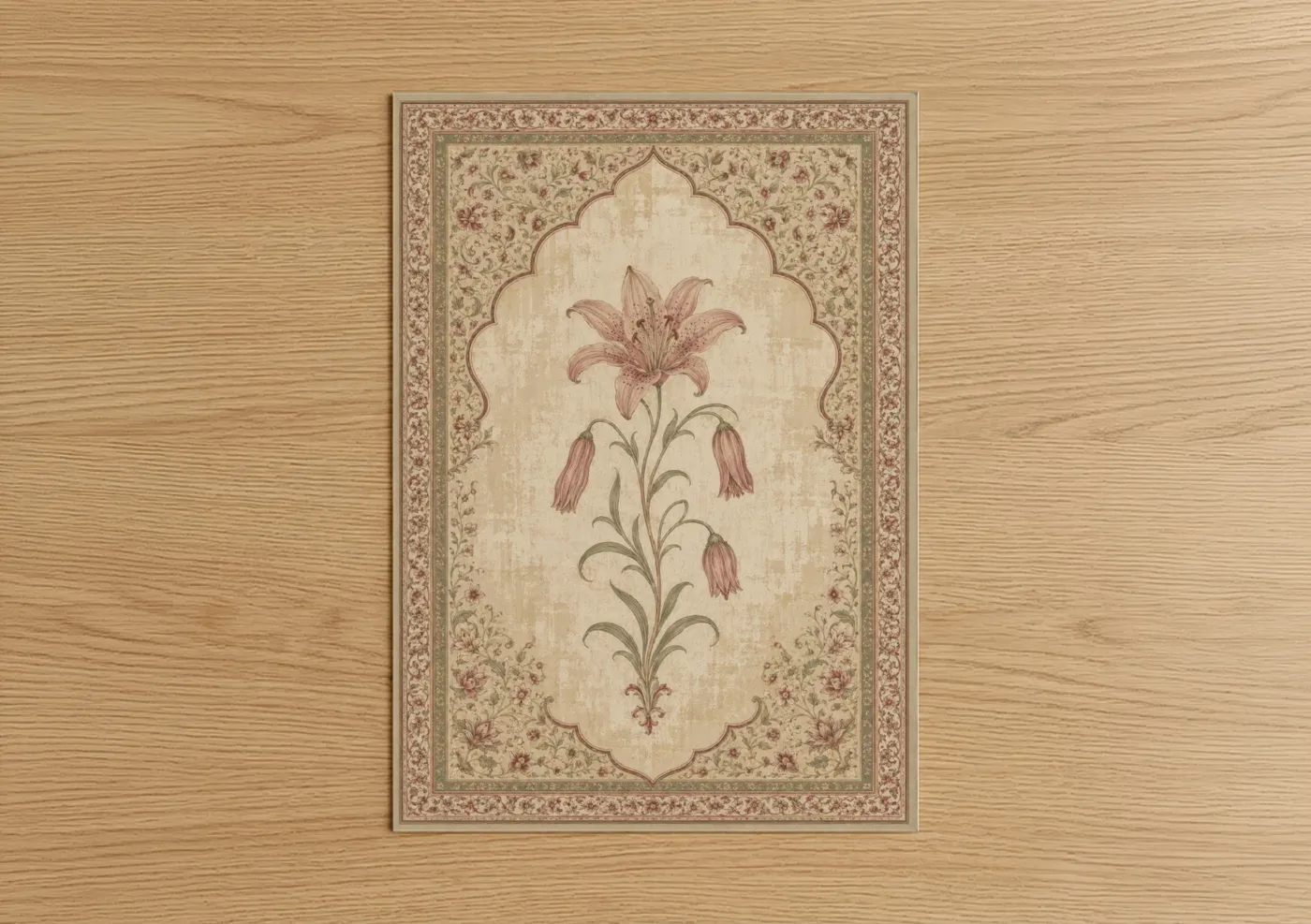 Art print on warm oak wood — beige and salmon pink palette — Vintage Lily Botanical Wall Art poster