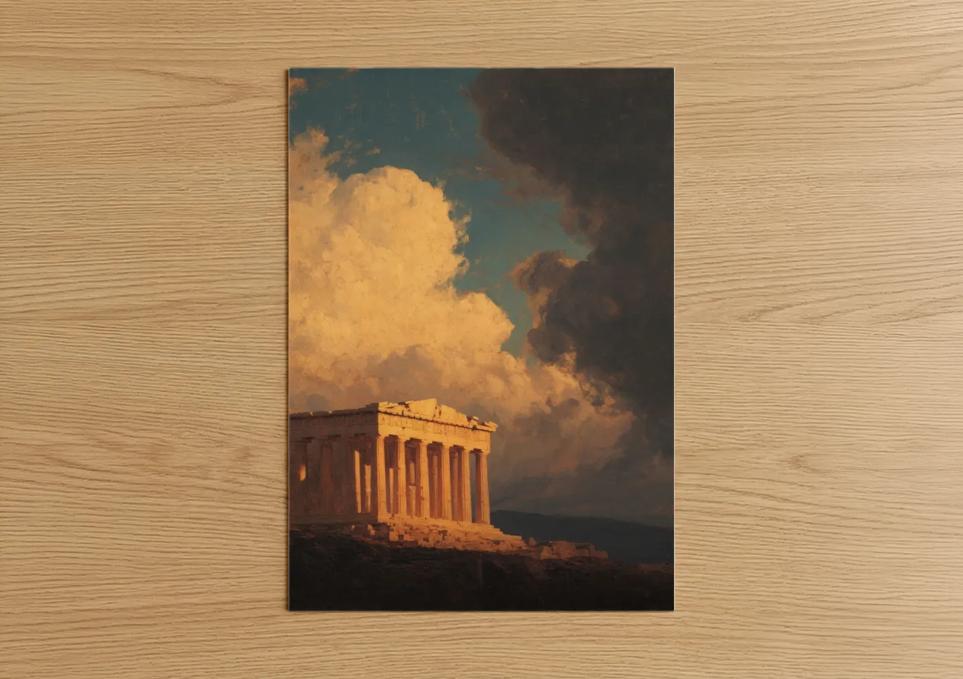 Art print on warm oak wood — gold and teal palette — Golden Parthenon poster