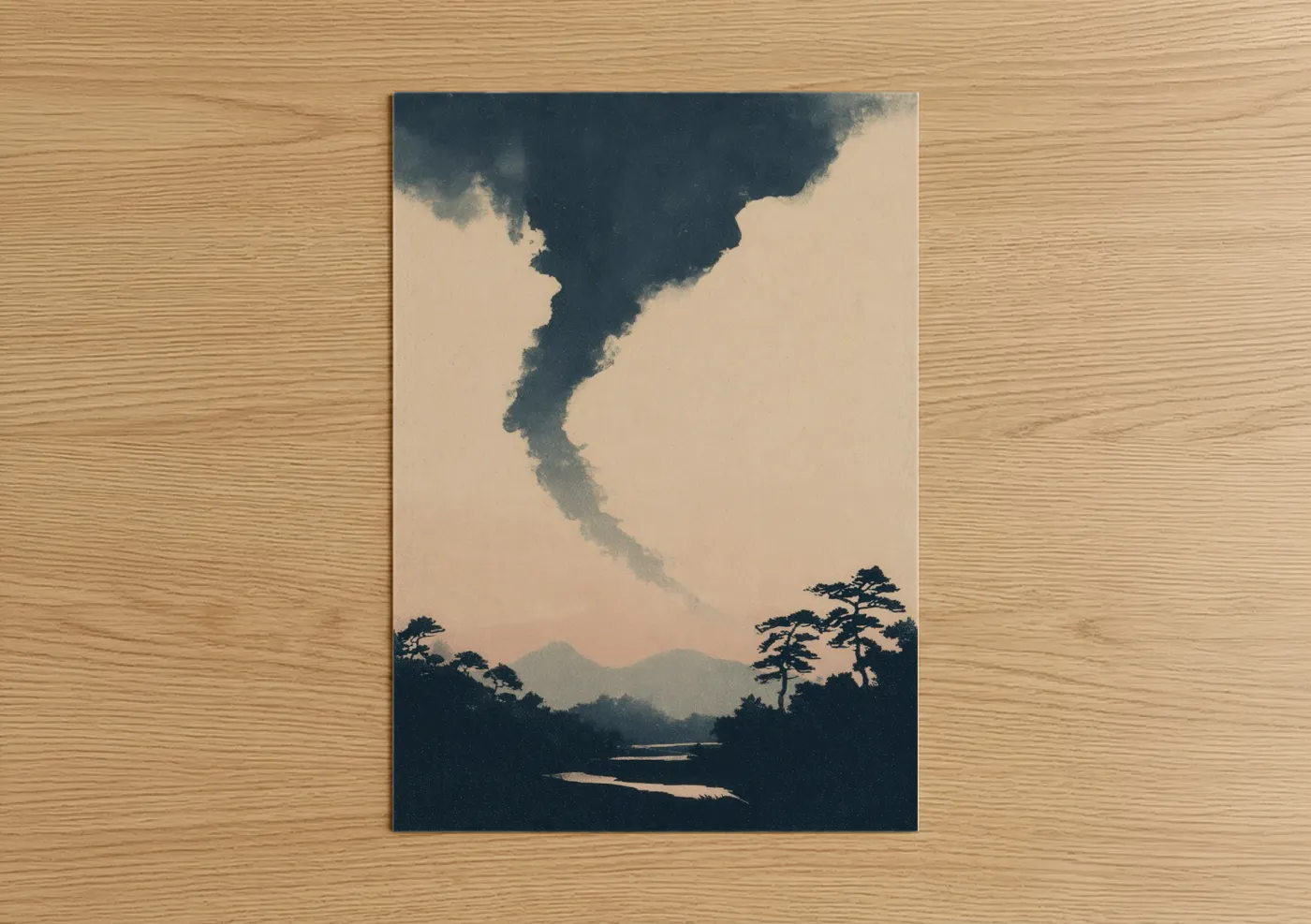 Art print on warm oak wood — dark blue and cream palette — Storm Valley Tornado poster