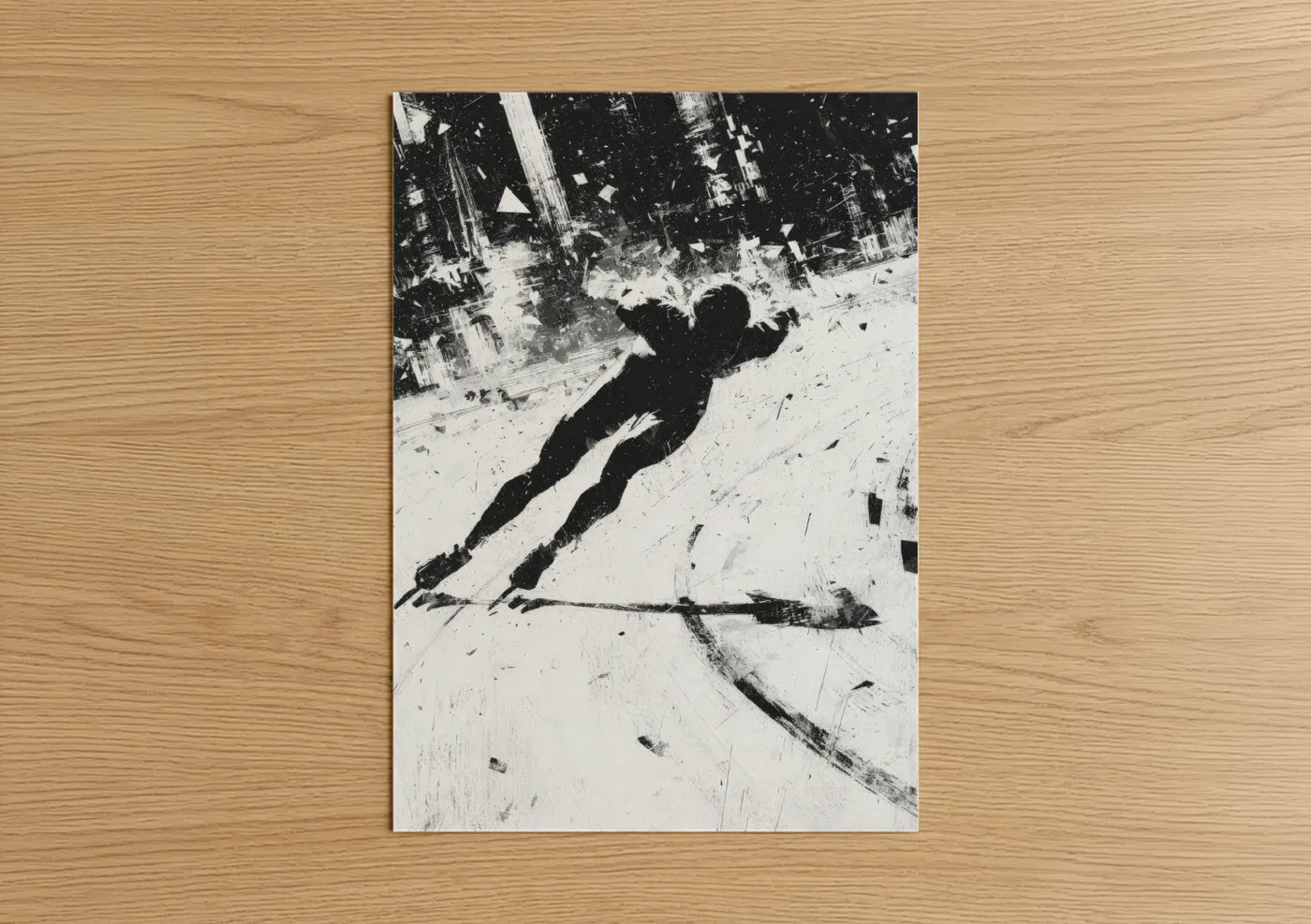 Ice skating art print on warm oak wood — black and white palette — Aerial Ice Skater poster