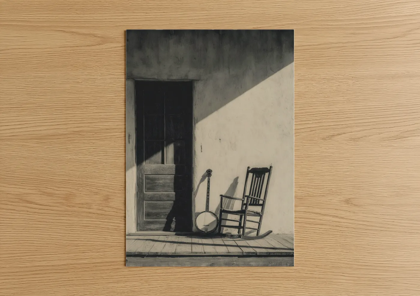 Country art print on warm oak wood — black and white and gray palette — Banjo Porch poster