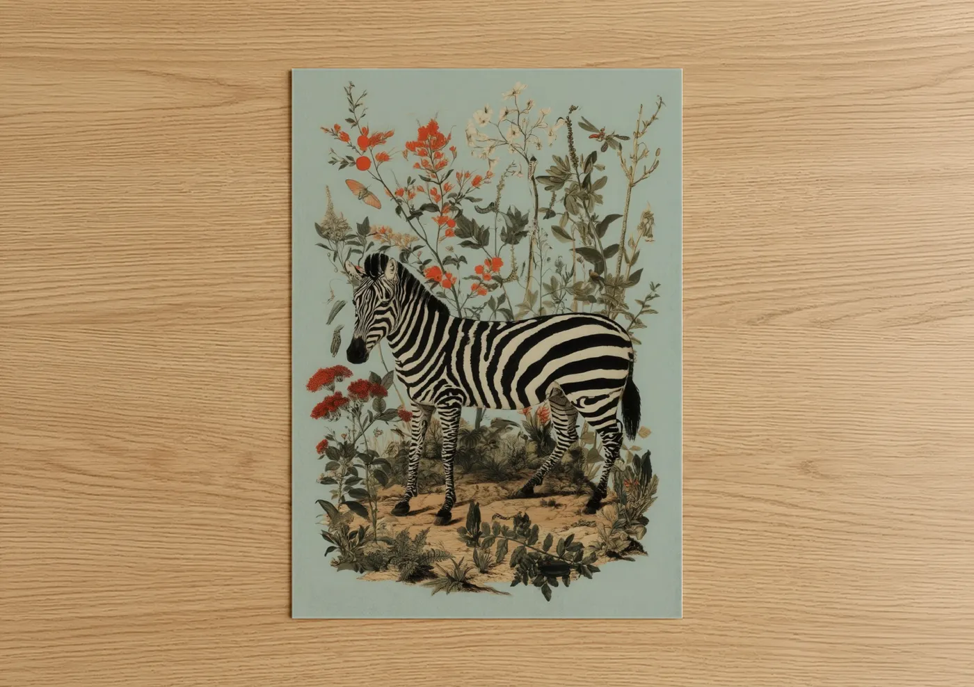 Art print on warm oak wood — sage green and russet palette — Botanical Zebra poster