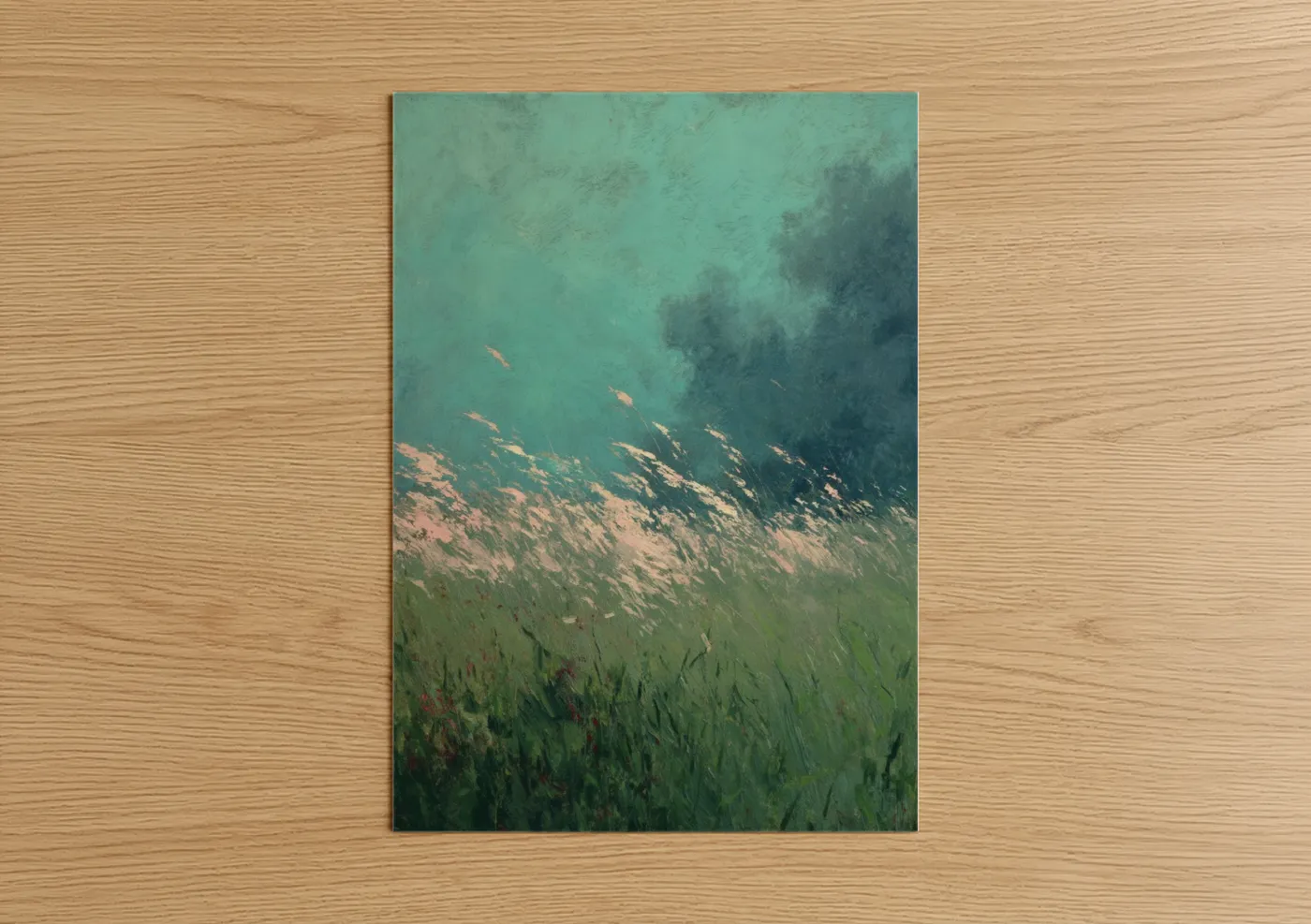 Dreamscape art print on warm oak wood — turquoise and sage green palette — Ethereal Meadow poster