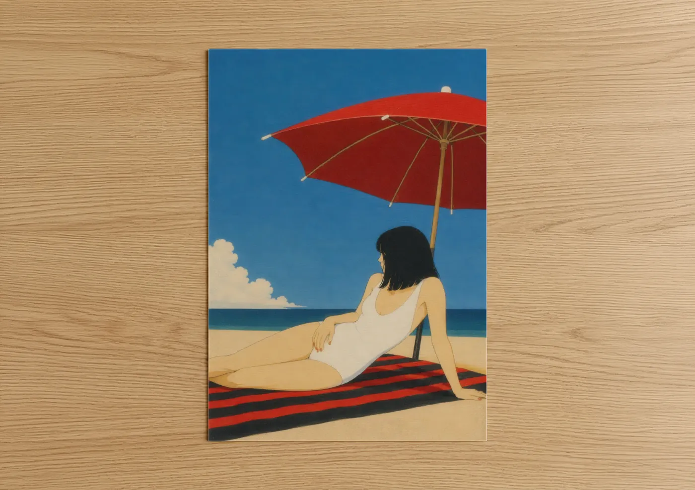 Sandy beach art print on warm oak wood — blue and red palette — Peaceful Beach Umbrella Scene Wall Art poster