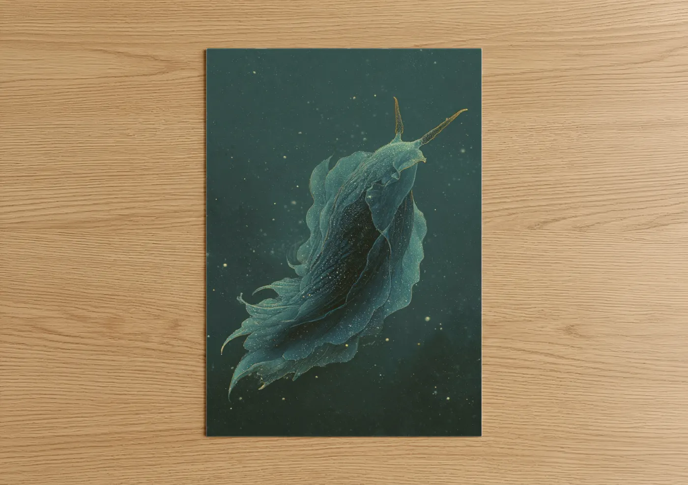 Art print on warm oak wood — teal and gold palette — Celestial Nudibranch poster