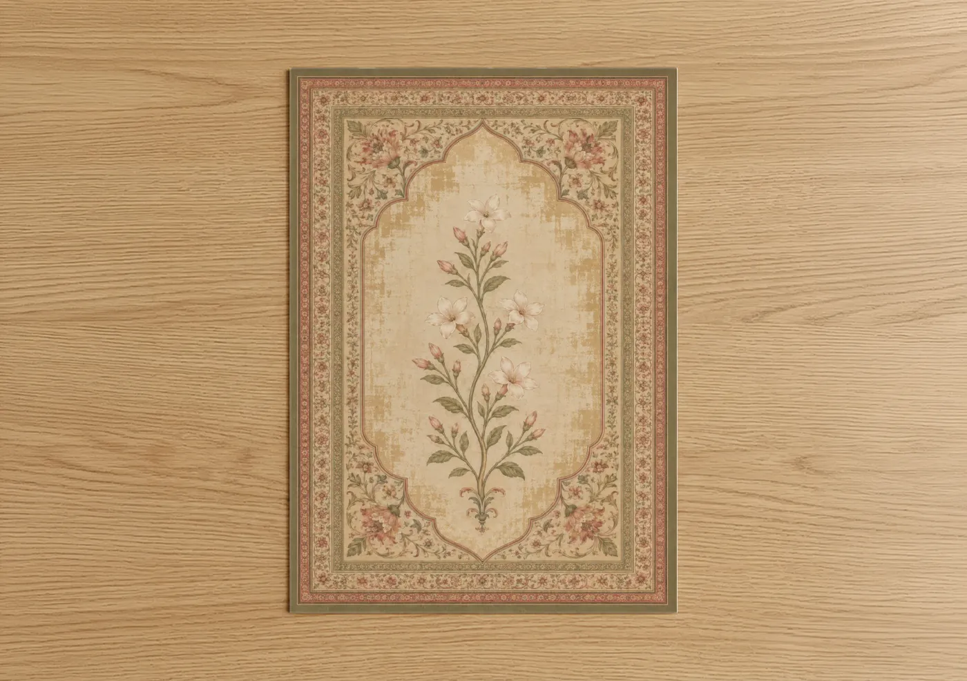 Flower art print on warm oak wood — beige and pink palette — Vintage Persian Floral Wall Art poster