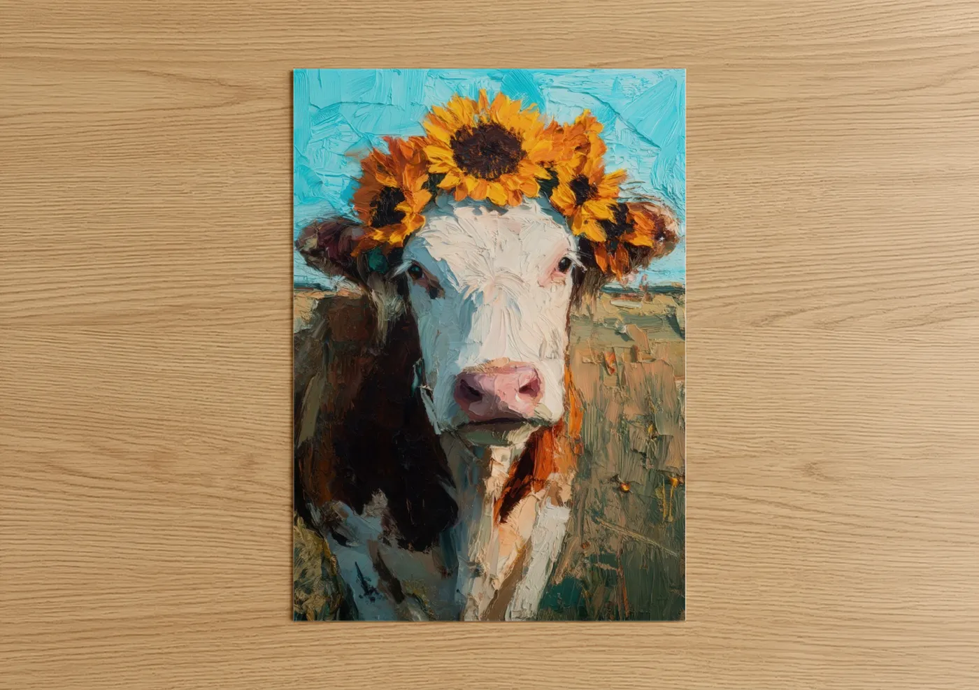 Hereford cow art print on warm oak wood — blue and gold palette — Sunflower Hereford poster