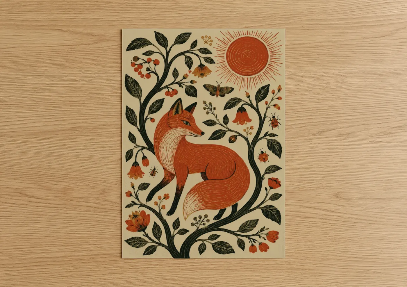 Art print on warm oak wood — orange and beige palette — Folk Art Fox and Sun Wall Art poster