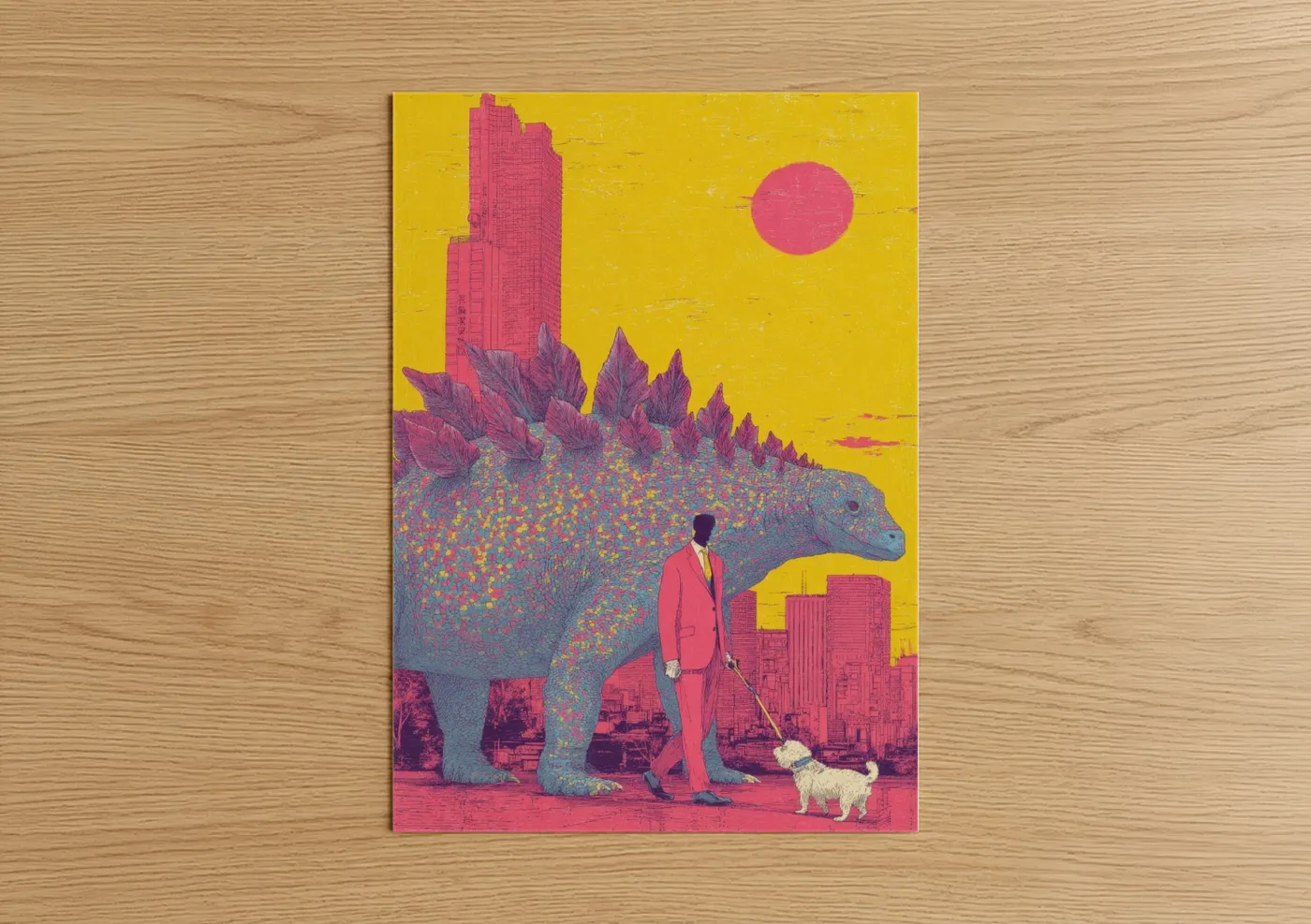 Urban Stegosaurus Dinosaur Pink City Wall Art