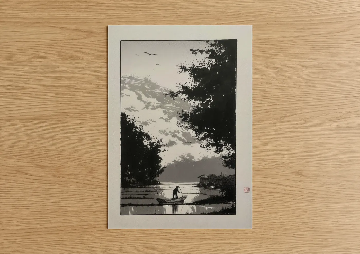 Solitary Fisherman Rural Landscape Wall Art