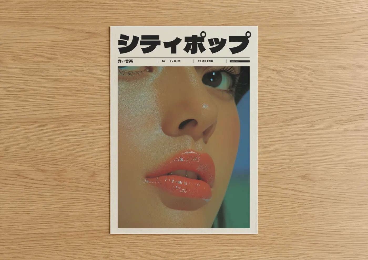Anime and manga art print on warm oak wood — peach and blue and green palette — Shimmer Pop Portrait poster