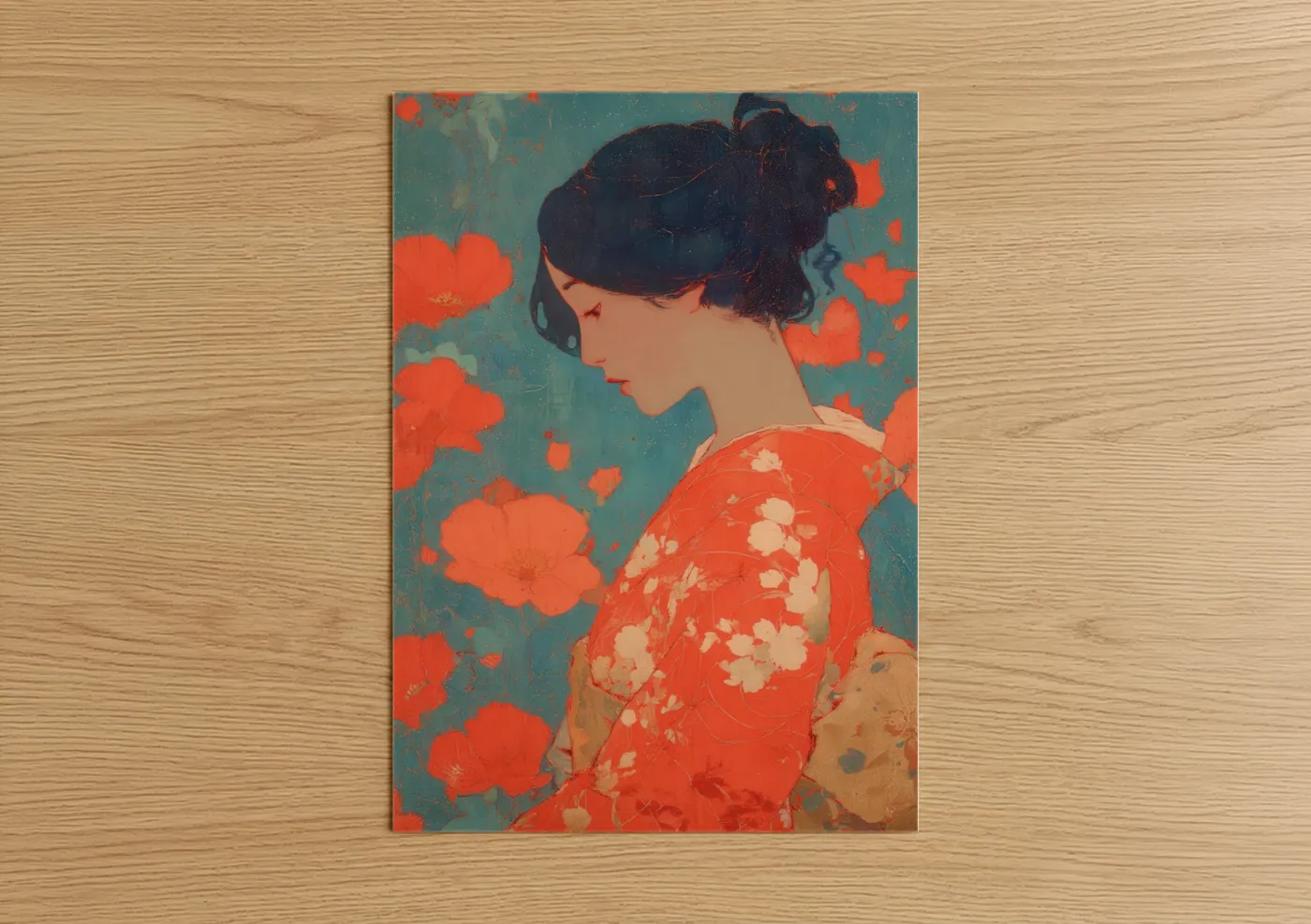 Retro Woman Red Floral Fashion Portrait Wall Art