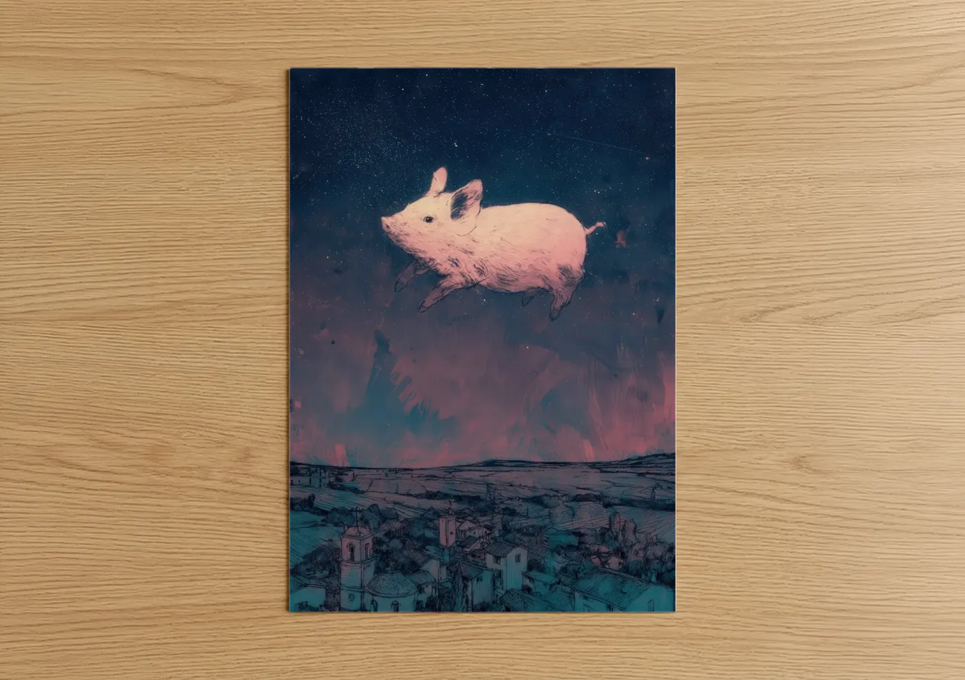 Celestial Pig Starry Night Fantasy Wall Art