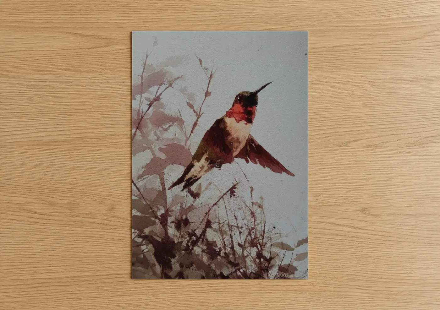 Art print on warm oak wood — maroon and beige palette — Ruby Hummingbird poster