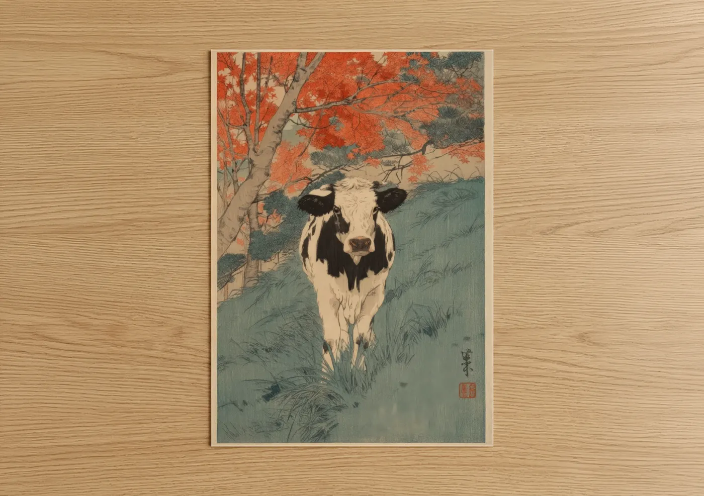 Hereford cow art print on warm oak wood — orange and sage green palette — Autumn Hereford poster