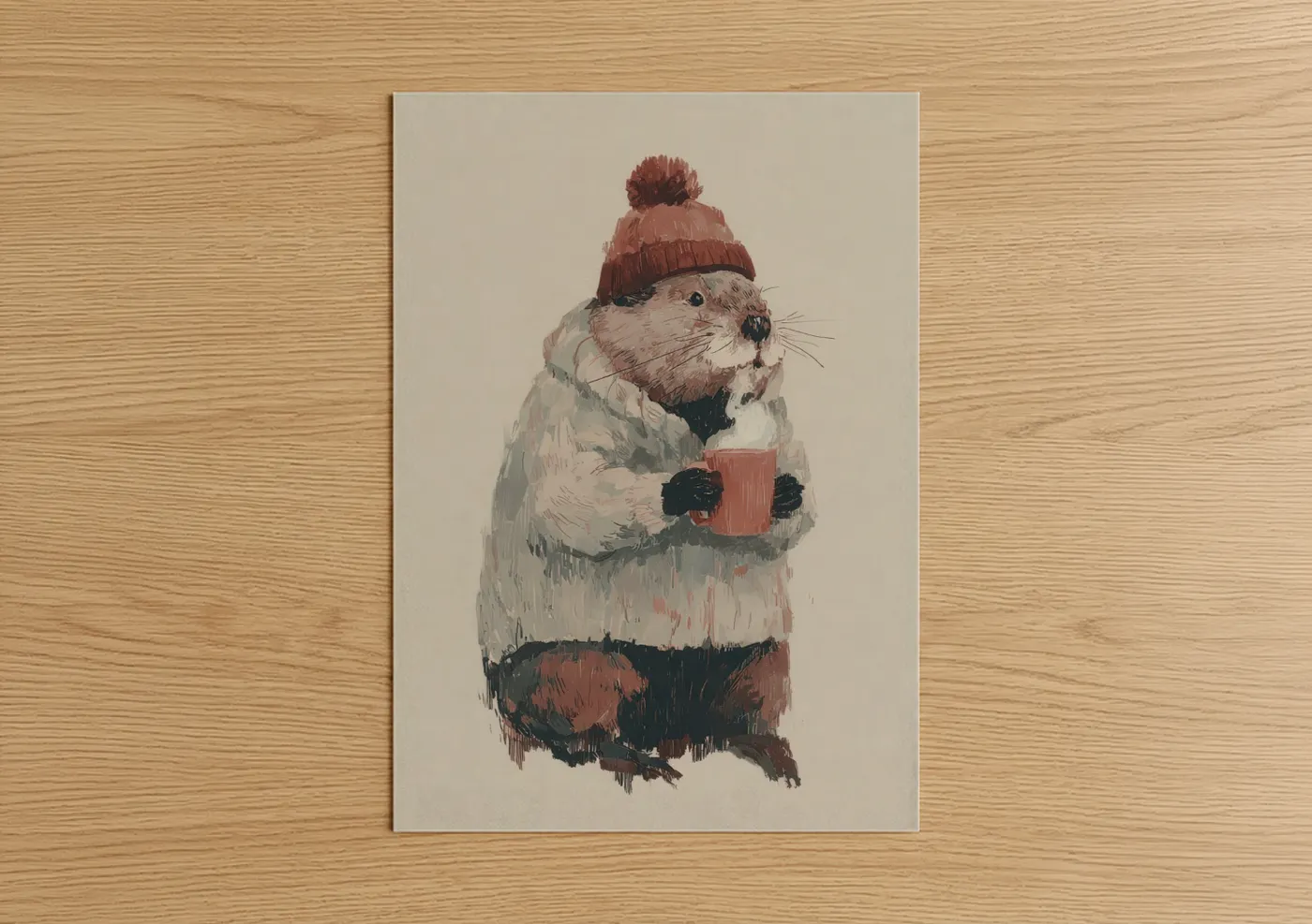 Cozy Beaver Winter Illustration Wall Art
