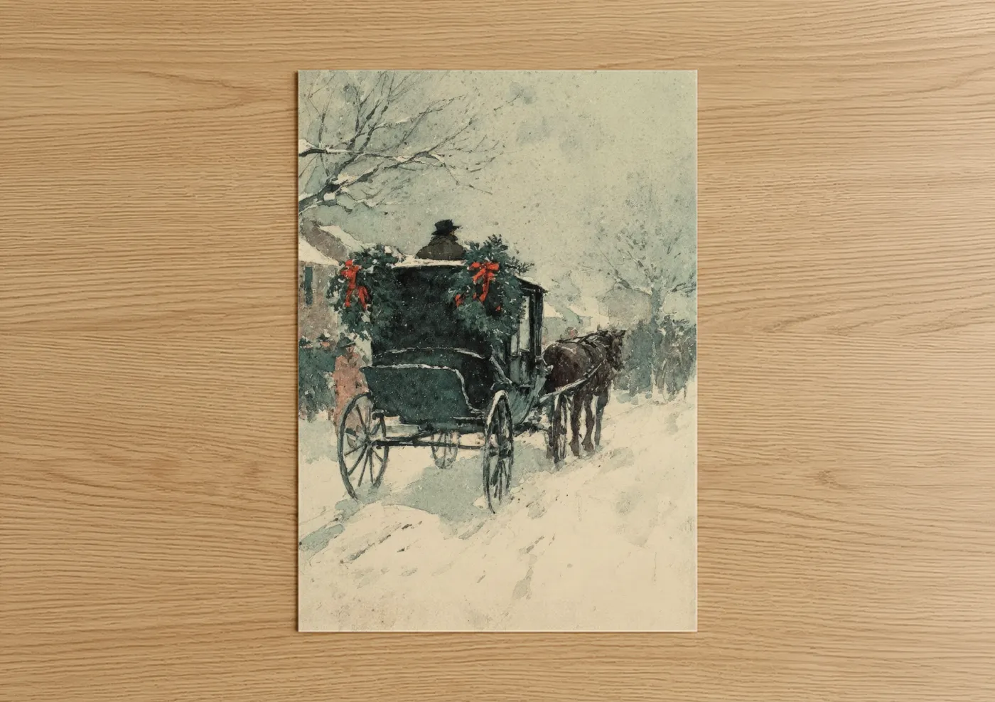 Art print on warm oak wood — cream and dove gray palette — Festive Wagon Winter poster