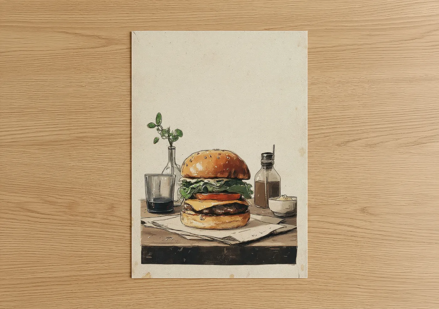 Fast food art print on warm oak wood — cream and russet palette — Gourmet Burger Setup poster