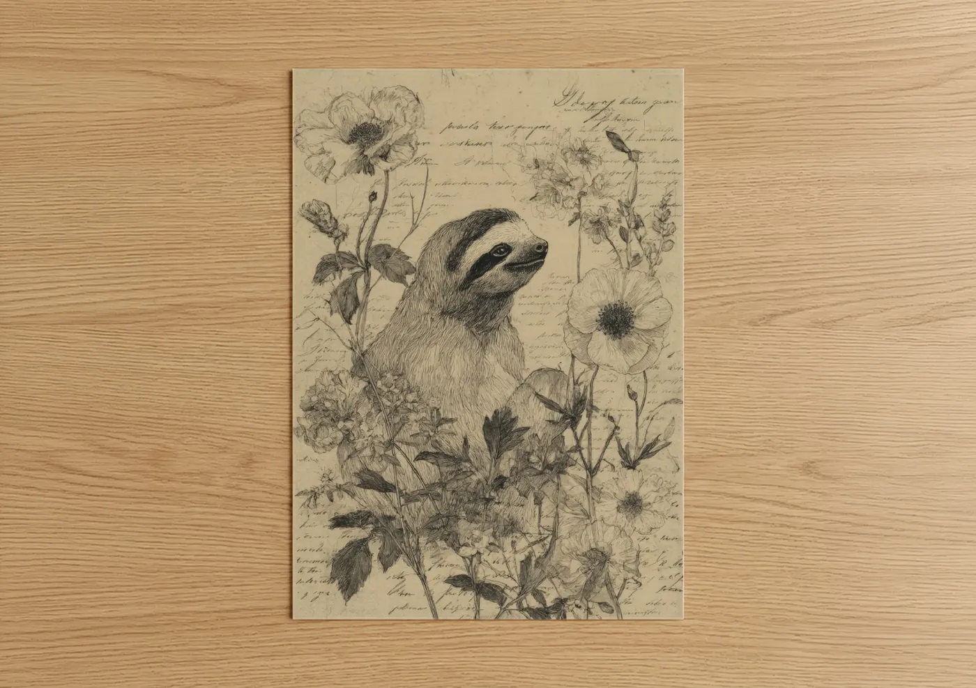 Curious Sloth Botanical Ink Drawing Wall Art