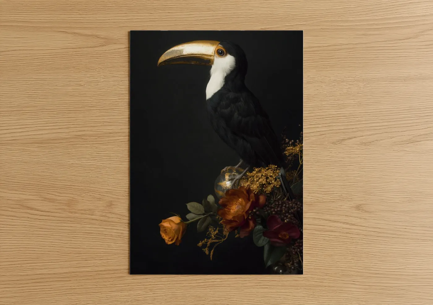 Golden Toucan Portrait with Floral Wall Art